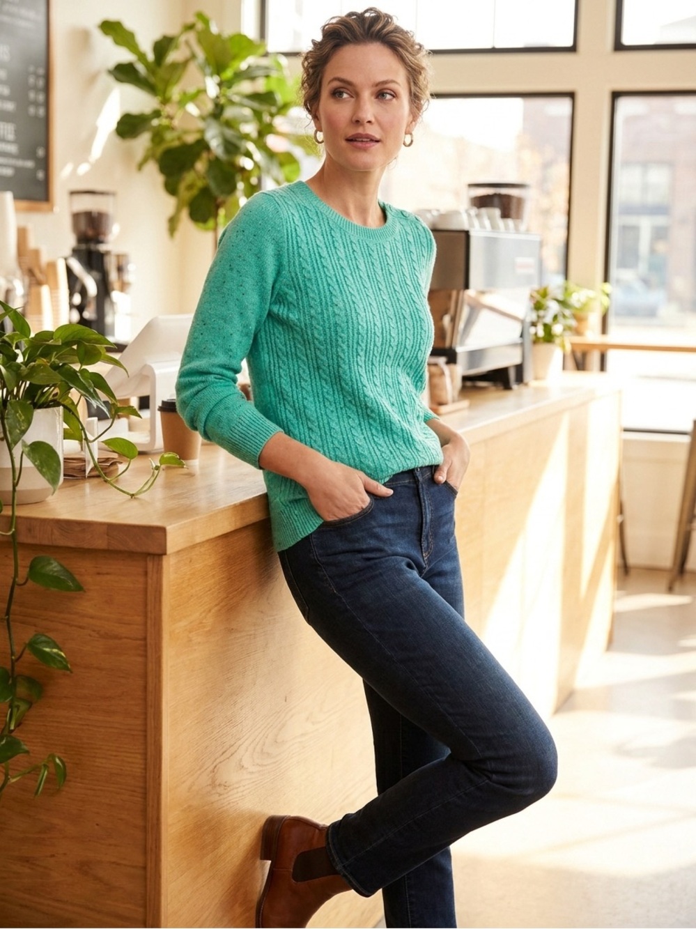 Talbots Mint Green Cable-Knit Button-Shoulder Crew Sweater